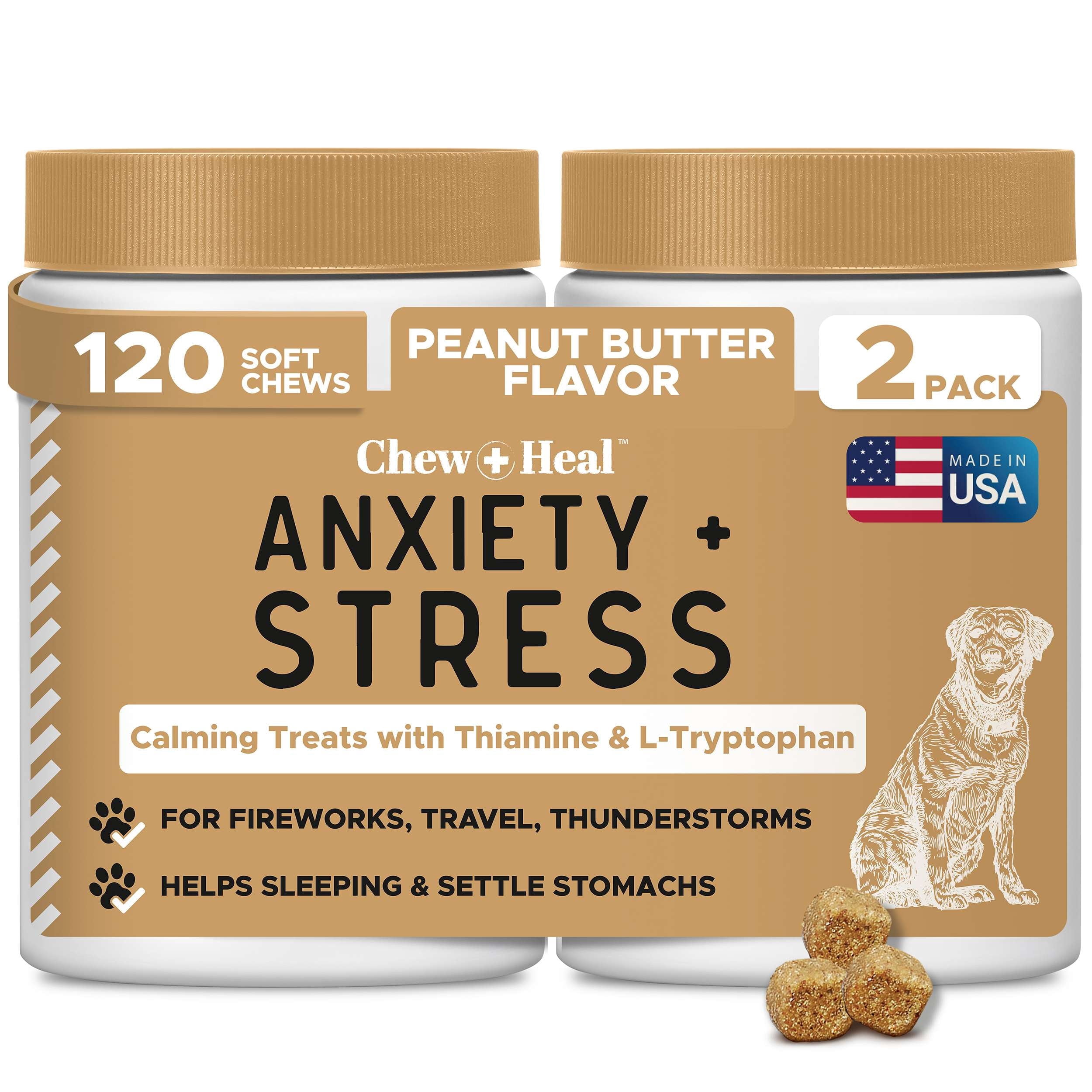 Dog Calming Treats, 120 Anxiety Relief Soft Chews for Dogs - Peanut Butter Flavor (2 Packs of 60)