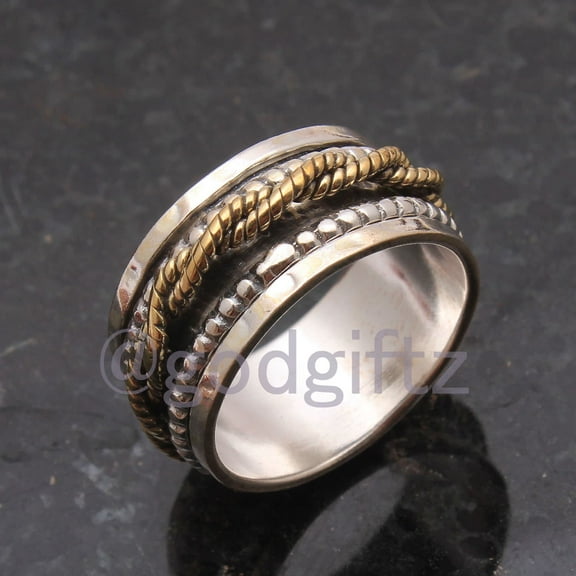 Anxiety Three Tone Fidget Spinner Ring, 925 Sterling Silver Spinner Ring, Worry Ring, Narrow Band Spinner Ring, Meditation Gift Ring For Her