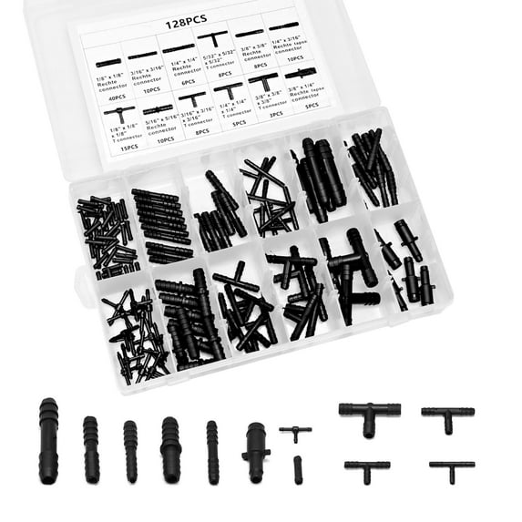 Anxingo 128Pcs Nylon Vacuum Line Connectors, Assortment Kit with 12 Sizes, Automotive Vacuum Tubing Connector Vacuum Tee Connector