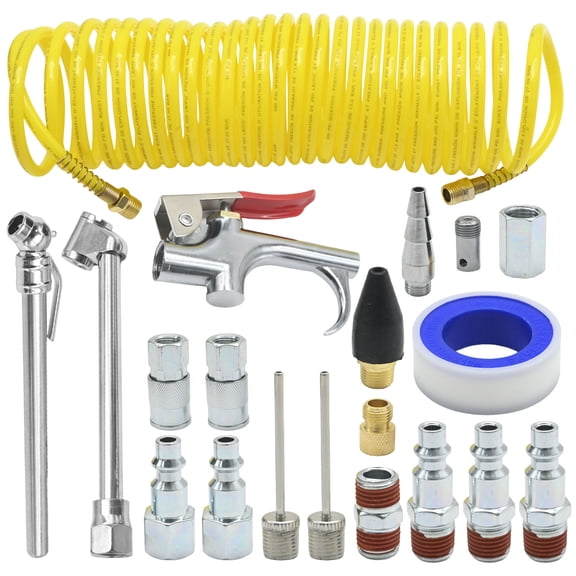 Anxingo 20-Piece Pneumatic Tool Quick Connect Blow Gun Set (1/4" NPT) - Air Compressor Accessories with 25Ft Hose, Heavy Duty Dual Tire Chuck for Tire Inflation, Pencil Tire Gauge Included