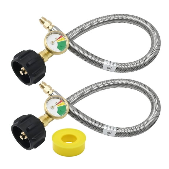 Anxingo 2Pcs 18 Inch RV Propane Hoses with Gauge, Stainless Steel Braided Camper Propane Hose, RV Gas Hose with QCC1 Replacement for Standard 2-Stage Regulator 1/4 Inch Male