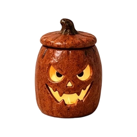 Anxinwu Ceramic Pumpkin Halloween Tealight Holder - Jack-o'-Lantern Design Glazed Tabletop Lantern with Lid Cutout Face for Indoor Decor