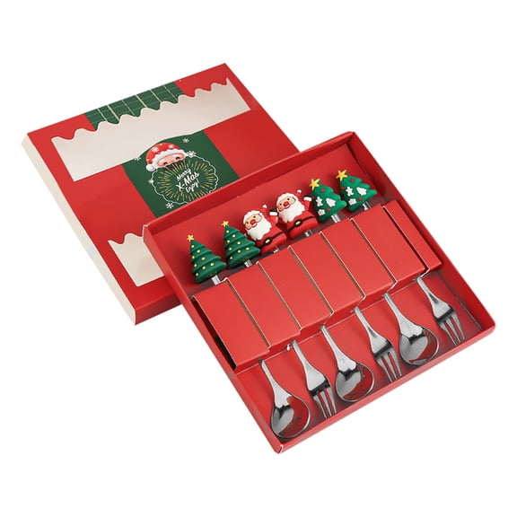 Anxinwu Christmas Cutlery Set Stainless Steel Holiday Flatware Gift Set with Santa Tree Handle Toppers Gift Box Christmas Spoon and Fork Set for Holiday Table