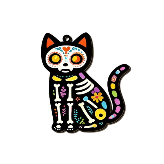Anxinwu Day of the Dead Wooden Skeleton Cat Hanging Pendant - Colorful Carved Dia de los Muertos Ornament for Garden, Patio, Party, Outdoor Decor