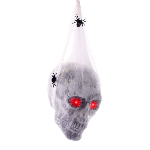 Anxinwu Halloween Hanging Skull Decoration Prop, Sound Activated Light Up Eyes, Spider Web Cover, Soft Head, halloween decor, halloween decorations indoor