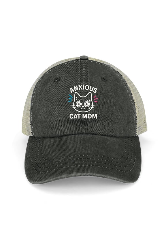 Anxious Cat Mom Black Baseball Cap for Men Women, Adjustable Snapback Hats Trucker Hat