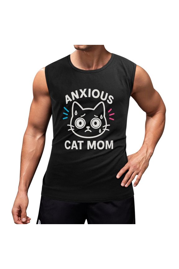 Anxious Cat Mom Men's Tank Top Muscle Workout Gym Sleeveless T-Shirt Small