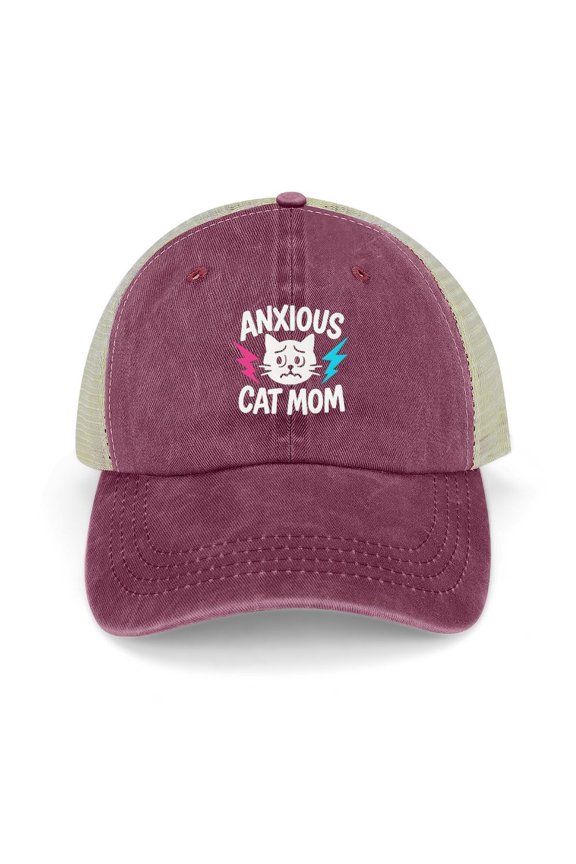 Anxious Cat Mom Wine Red Baseball Cap for Men Women, Adjustable Snapback Hats Trucker Hat