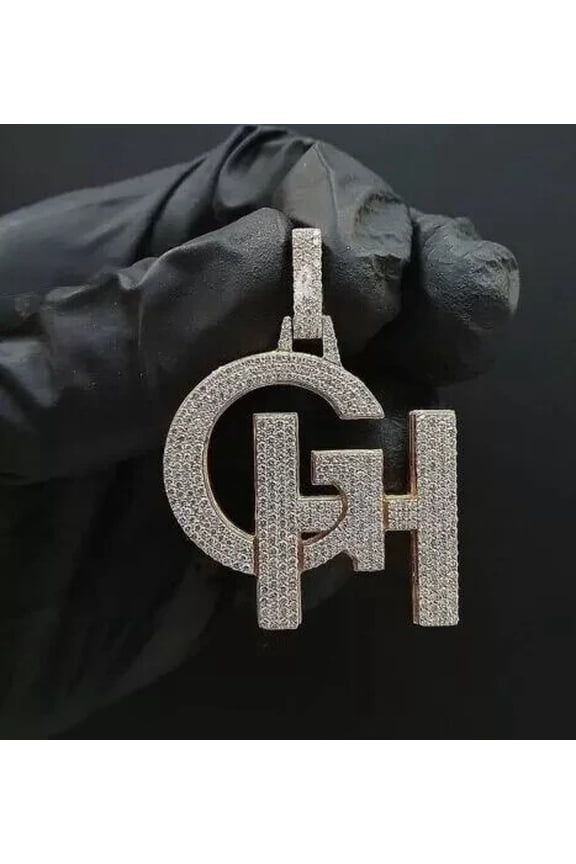 Any 2 Letter Men's 2.50 Ct Lab-Created Diamond Custom Pendant 925 Silver 2"