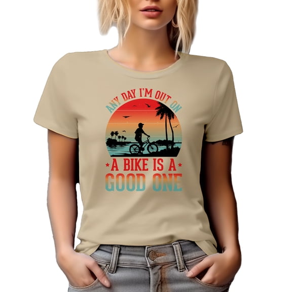 Any Day I'm Out on a Bike Is a Good One, Retro Biker, Tan T-Shirt, Medium