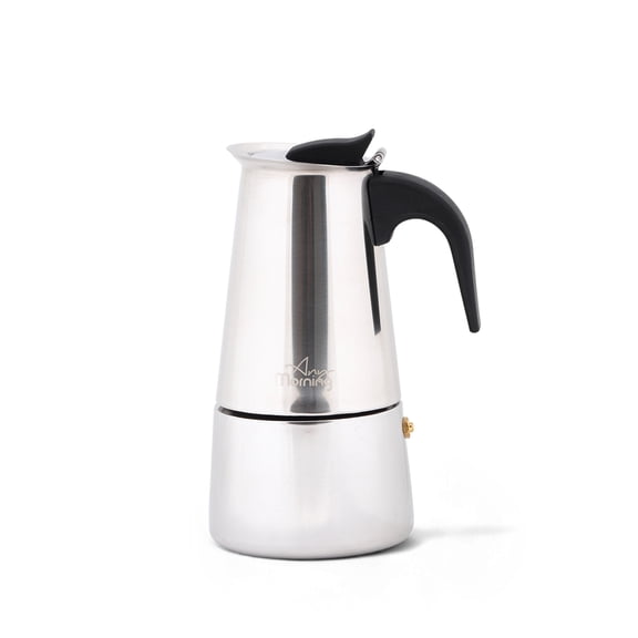 Any Morning Stainless Steel Moka Pot, 200 ml, Induction Base, 4-Cup, Safety Valve, Durable and Safe