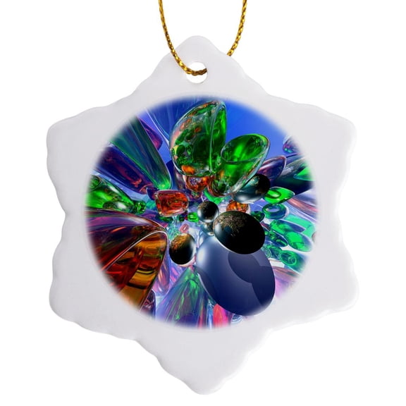 3drose, Any World Shows Planet Earth Within a Realm of Colorful Glass and Metal Objects, 3 inch Snowflake Porcelain Ornament