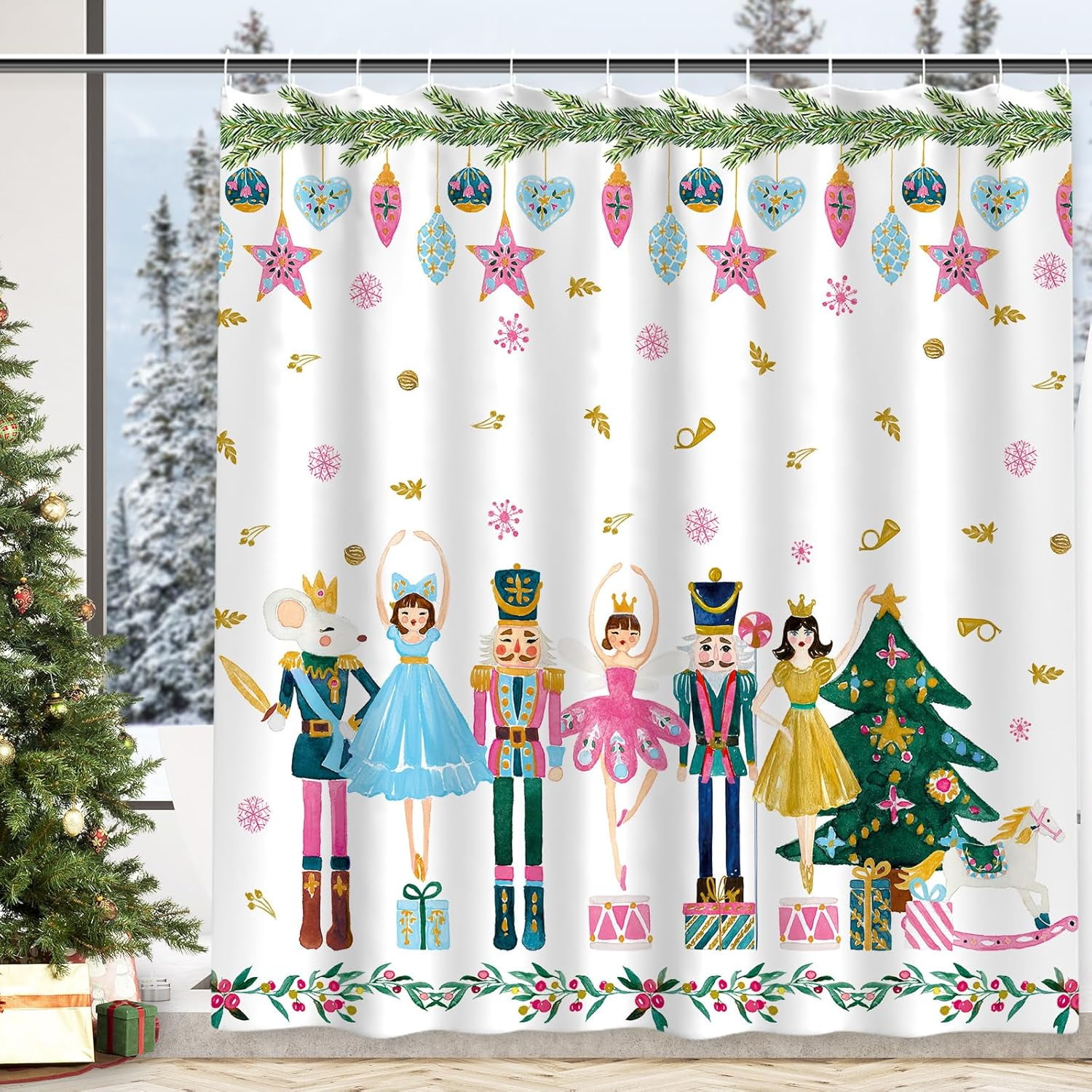 AnyDesign Nutcracker Shower Curtain Christmas Watercolor Pink