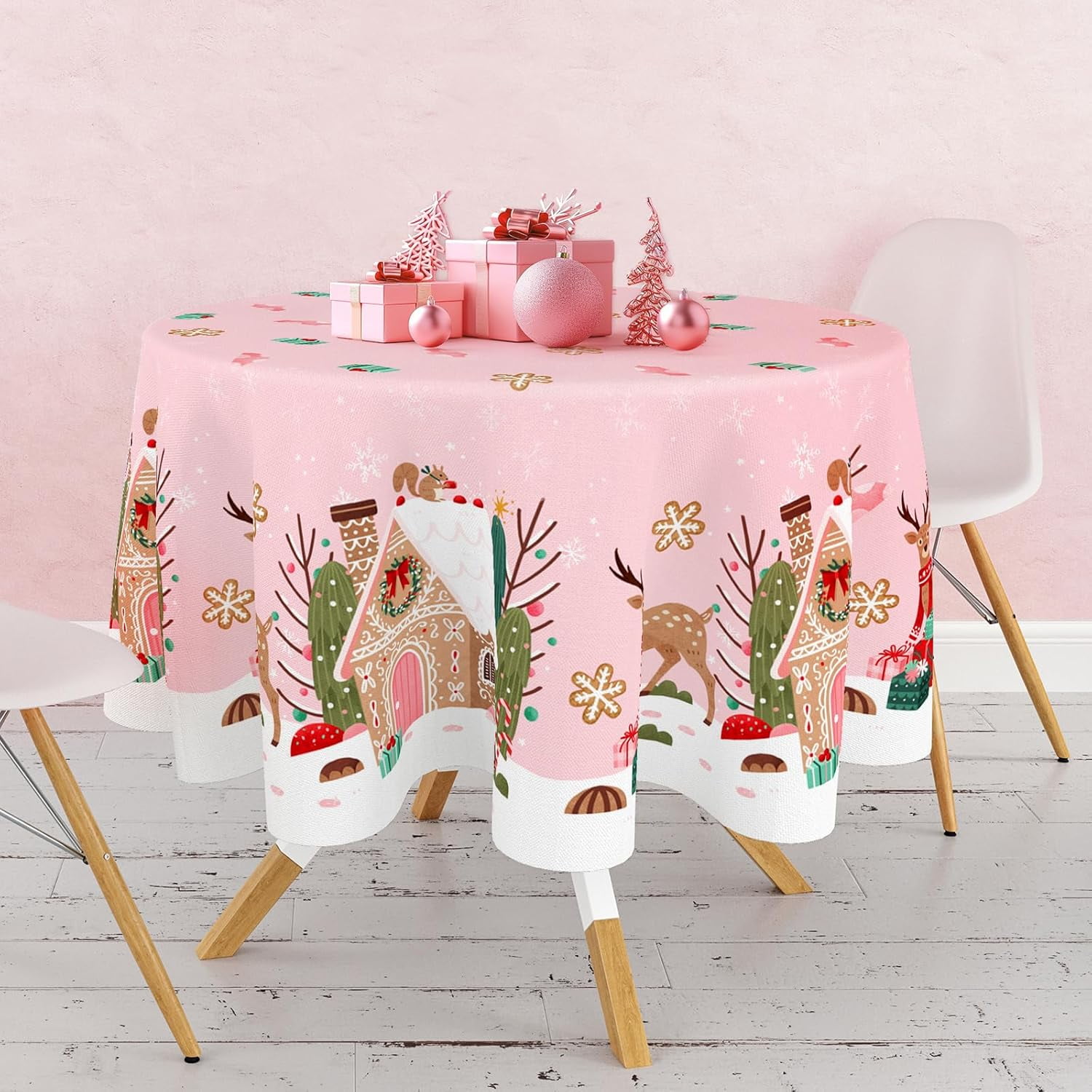 AnyDesign Pink Christmas Tablecloth Gingerbread House Reindeer Table ...