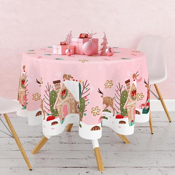 AnyDesign Pink Christmas Tablecloth Gingerbread House Reindeer Table Cloth Rectangle Table Cover for Xmas Holiday Party Table Decor, 60 x 84 Inch