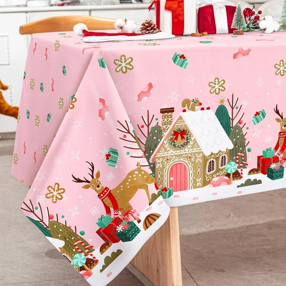 AnyDesign Pink Christmas Tablecloth Gingerbread House Reindeer Table Cloth Rectangle Table Cover for Xmas Holiday Party Table Decor, 60 x 84 Inch