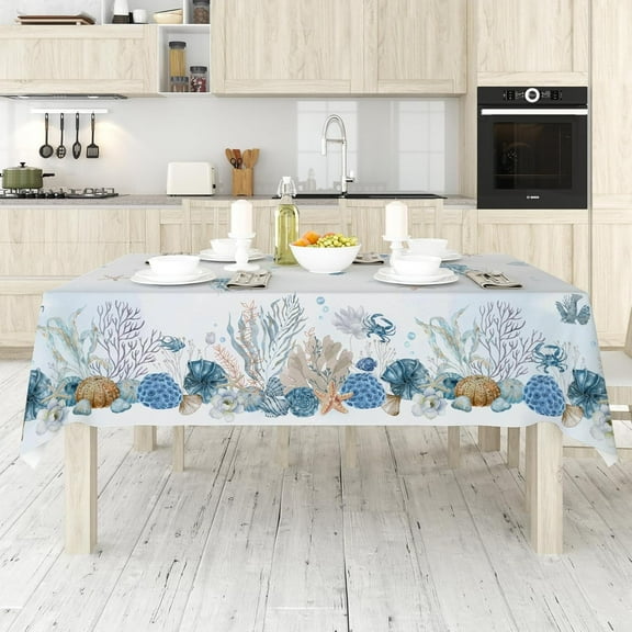 AnyDesign Under The Sea Tablecloth Watercolor Beach Coral Seashell Table Cover Tropical Ocean Theme Table Cloth for Kitchen Dining Table Picnic Decoration Supplies, 60 x 102 Inch