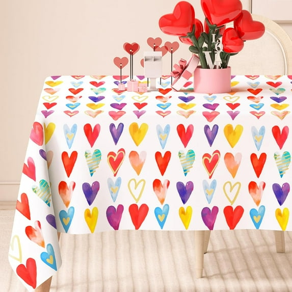 AnyDesign Valentine''s Day Rectangle Tablecloth Colorful Hearts Fabric Table Cloth Watercolor Washable Table Cover for Wedding Anniversary, 60 x 102 Inch
