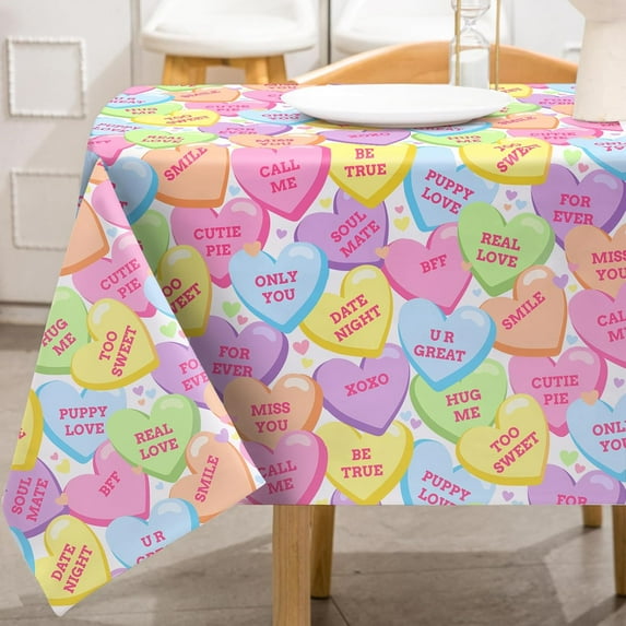 AnyDesign Valentine''s Day Tablecloth Conversation Heart Rectangle Fabric Table Cloth Colorful Washable Table Cover for Picnic Dinner Table Decoration, 60 x 102 Inch