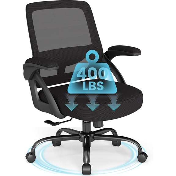 AnyGod Big and Tall Office Chair, Ergonomic Desk Chair Mesh Mid Back with Comfy Lumbar Support Swivel Task Executive Chairs with Wheels, Flip up Arms for Home, Office, Study