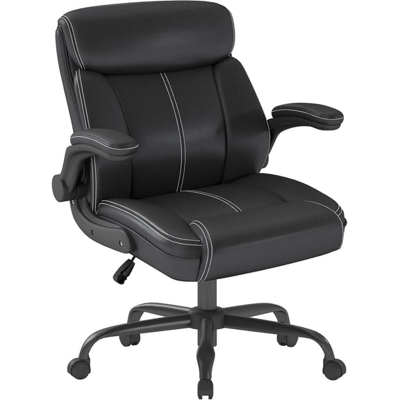 AnyGod Executive Leather Office Chair, Ergonomic Home Office Desk Chair with Flip-up Armrests, Lumbar Support, Adjustable Height, Mid-Back with Rocking Function for Executives(Black)