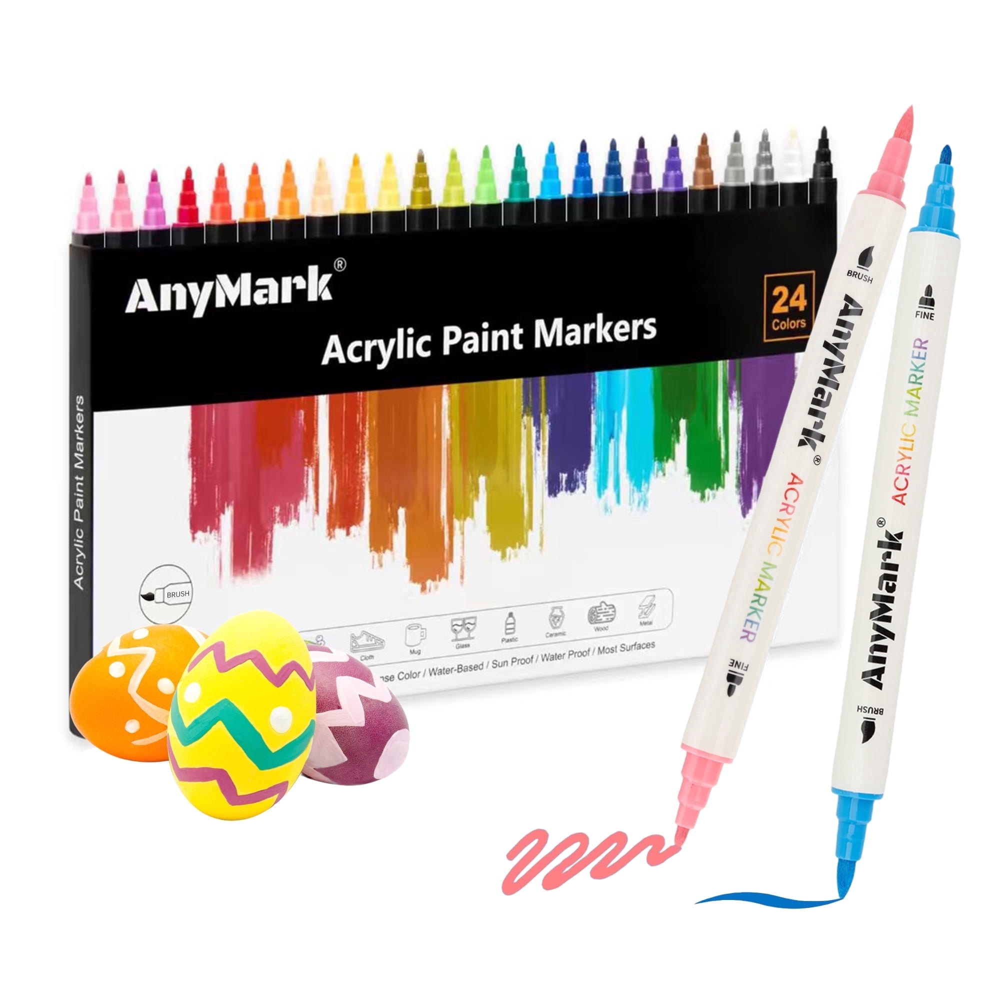 AnyMark 24 Colors Acrylic Paint Markers, Dual Tip Acrylic Paint Pens with Brush & Fine Tip for Coloring, Canvas, Wood, Rock, Glass, Pumpkins Kit DIY Craft
