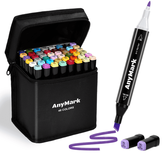 AnyMark Alcohol Markers, 48 Colors Dual Tip Art Coloring Markers Set for Adult Book Drawing Sketching Painting, Chisel & Fine