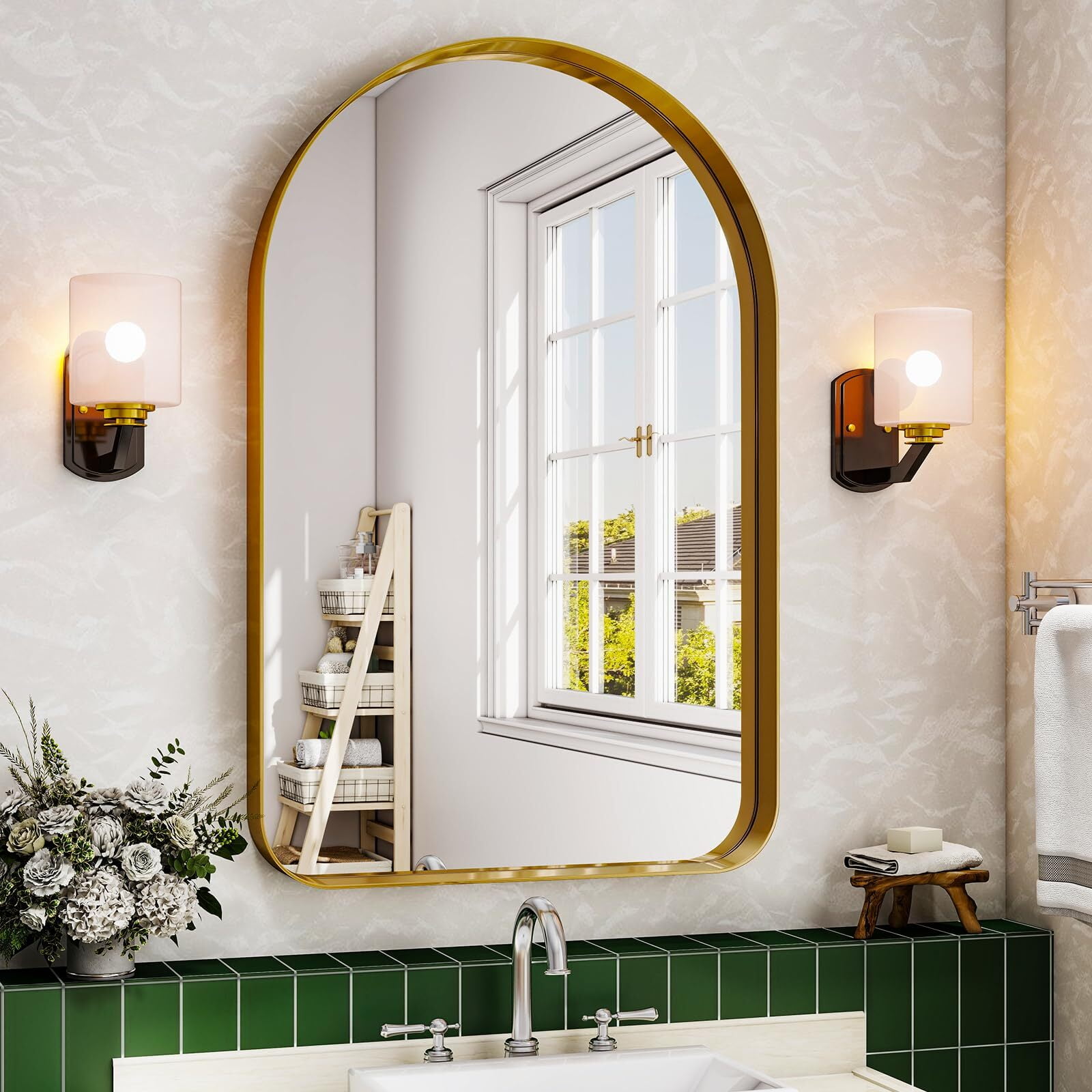 AnyRose 26"x38" Arched Bathroom Mirror Modern Vanity Mirror with Deep Frame – Wall-Mounted Mirror for Bathroom Bedroom,Gold
