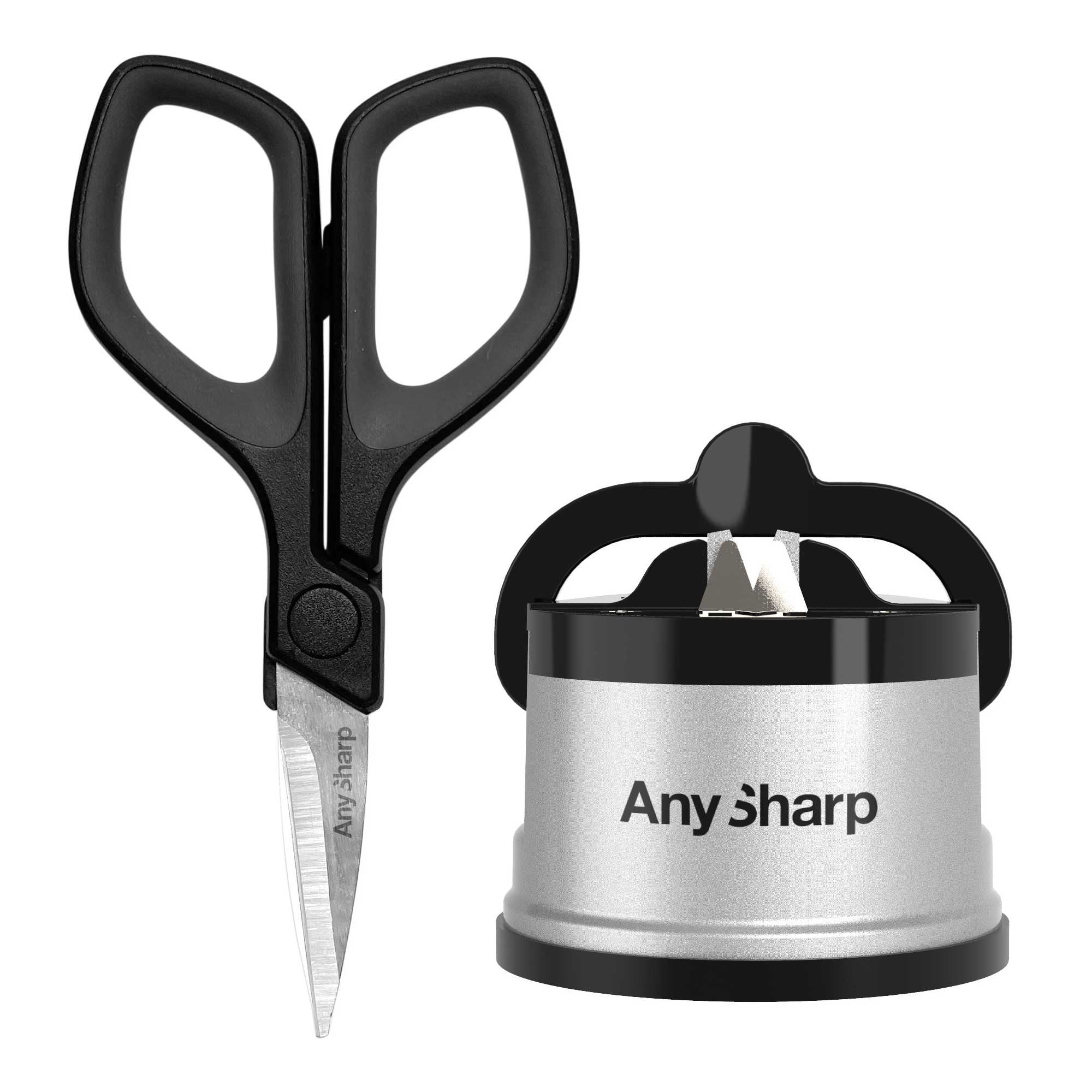 AnySharp Knife Sharpener & Mini Scissors, PowerGrip Suction, for Knives & Thick Materials, Silver