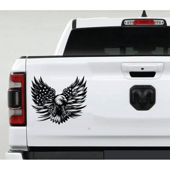 AnyStickerYouWant - Badass Flying High Bald Eagle Distressed Tattered American USA US Flag Soaring Eagle Truck Tailgate Vinyl Decal Compatible with Most Pickup Trucks 17" Wide