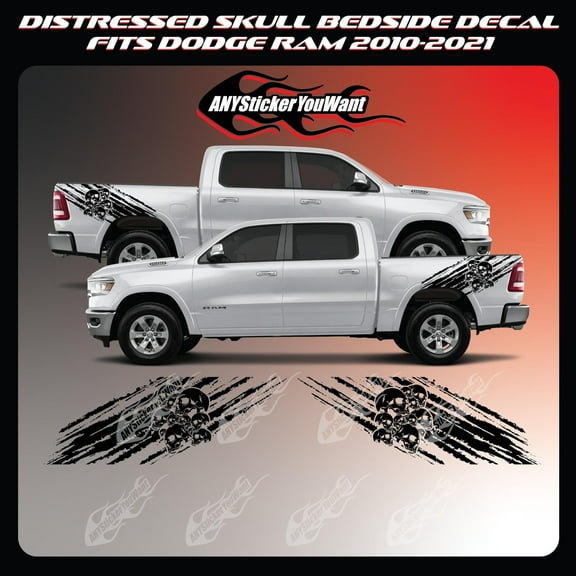 AnyStickerYouWant - Distressed Skulls Side Graphic Vinyl Decal Compatible with and Fits Dodge RAM 2010-2021