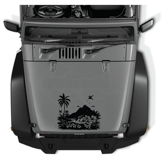 AnyStickerYouWant - Hawaiian Hibiscus Flower Grove Majestic Mountain Vinyl Decal Sticker, 22" Tall Vinyl Hood Decal/Car Window Stickers - Fits on & Compatible with Jeep Wrangler & Jeep Gladiator