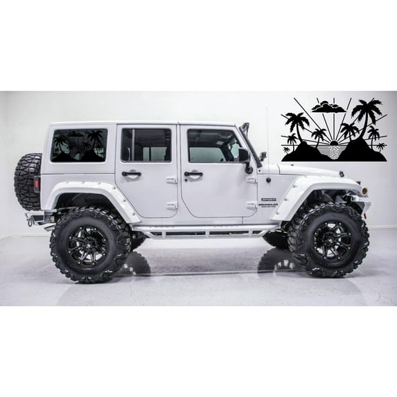 AnyStickerYouWant - Hawaiian Ocean Palm Tree Beach Sunset Rear Side Window Vinyl Decal Set - Fits on & Compatible with Jeep Wrangler & Jeep Gladiator
