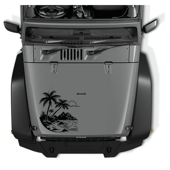 AnyStickerYouWant - Hawaiian Palm Tree Beach/Mountain Theme Vinyl Decal Sticker, 22" Tall Waterproof Vinyl Hood Decal - Fits on & Compatible with Jeep Wrangler & Jeep Gladiator