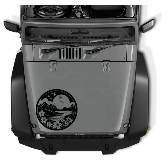 AnyStickerYouWant - Moon Lit Mountain Stream Hawaii Beach Hibiscus Vinyl Hood Decal Sticker, 22" Tall Hibiscus Vinyl Hood Decal/Car Stickers - Fits on & Compatible with Jeep Wrangler & Jeep Gladiator