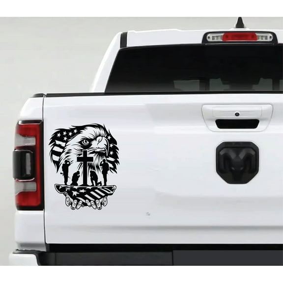 AnyStickerYouWant - POW God Bless America Fallen Soldier Tribute Military Eagle Tailgate Vinyl Decal Sticker Battlefield Veteran Memorial Compatible with Most Pickup Trucks and Cars 16" Tall FAFO