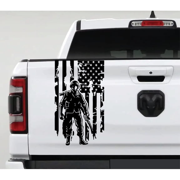 AnyStickerYouWant Soldier Enlisted Man Fighter Distressed American USA US Flag Truck Tailgate Vinyl Decal Fits Most Pickup Trucks Veteran Retired Military Sticker (11" x 20")