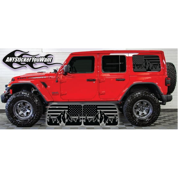 AnyStickerYouWant - USA Distressed Flag Decals Vinyl American Flag Stickers with Mountains Vinyl Decal Sticker Compatible with and Fits Jeep Wrangler 2018-2021 JLU 4 Door