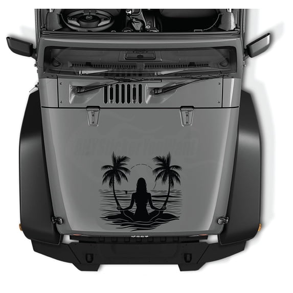 AnyStickerYouWant - Yoga Beach Palm Tree Namaste Vinyl Decal Sticker, 22" Tall Waterproof Lotus Vinyl Hood Decal/Car Window Stickers - Fits on & Compatible with Jeep Wrangler & Jeep Gladiator
