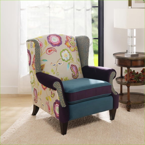 Anya Boho Chic Wingback Accent Arm Chair for Adults, Floral Leopard Print, Royal Blue-Teal & Purple Velvet Accent Chair