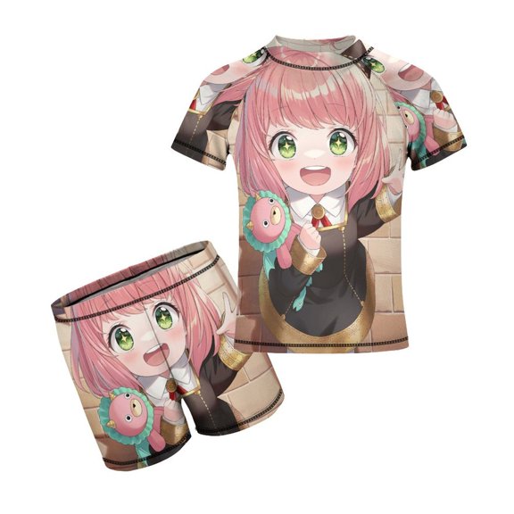 Anya Forger Spy X Boys Rash Guard Set 2 Piece Swimsuits Short Sleeve Bathing Suits with Trunks