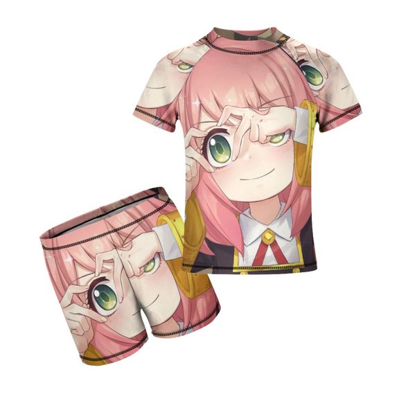 Anya Forger Spy X Boys Rash Guard Set 2 Piece Swimsuits Short Sleeve Bathing Suits with Trunks