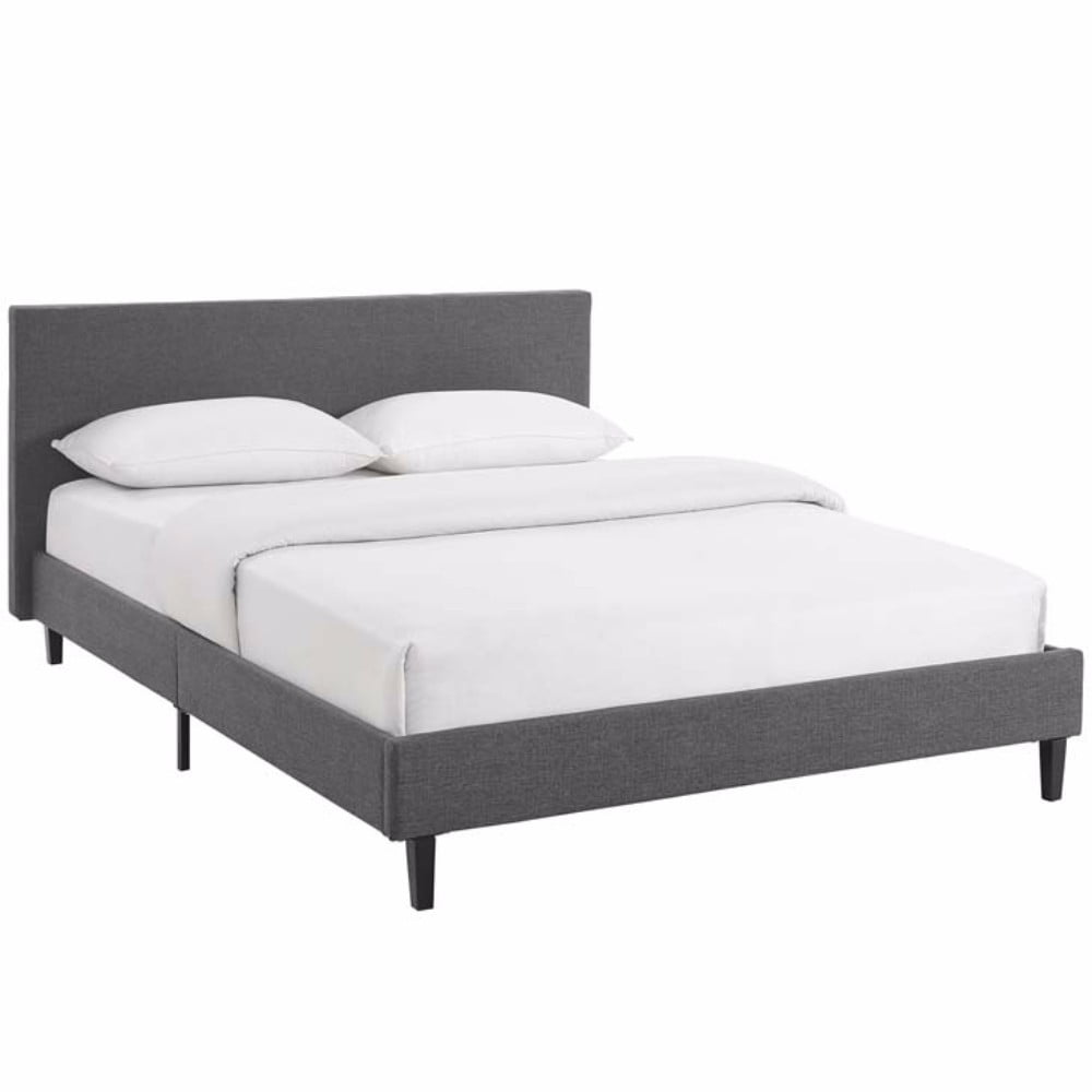 Gray Full Upholstered Platform Bed with Wood Slats