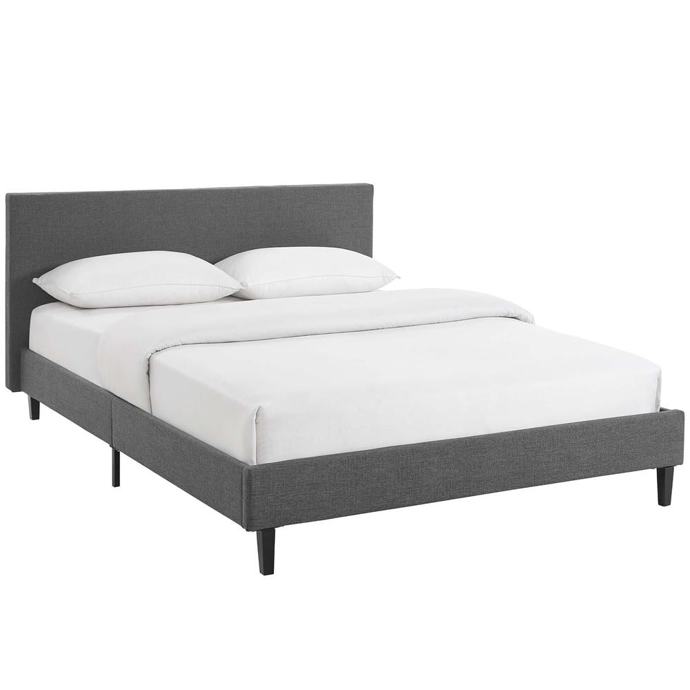 Gray Full Upholstered Platform Bed with Wood Slats