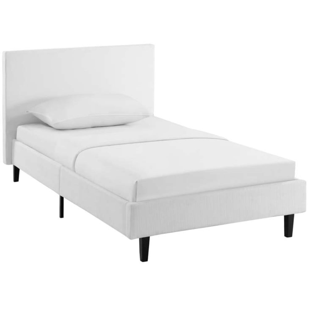 Anya Twin White Upholstered Platform Bed with Wood Slat Support