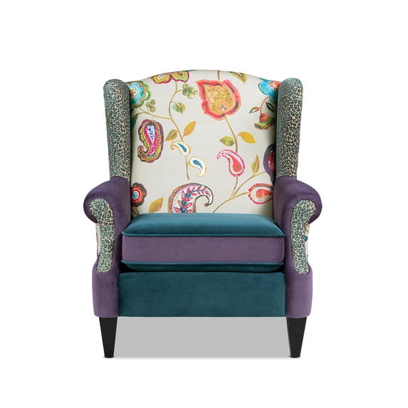Anya Boho Chic Wingback Accent Arm Chair, Floral & Leopard, Satin Teal & Purple
