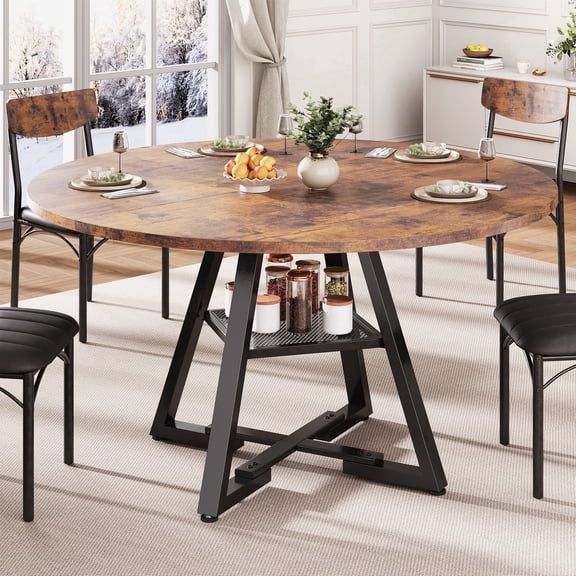 Anyact 47 inch Wood Dining Table for 4, Round Kitchen Dining Table with Storage Shelf for Home Dining Room Living Room, Brown(Only Table)