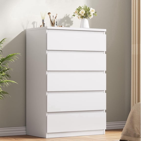 Anyact 5 Drawer Dresser, Modern Storage Cabinet for Bedroom, 40" Tall Chest Mid Century Vertical Dresser w/Natural Texture of Drawers for Living Room, Bed room, White