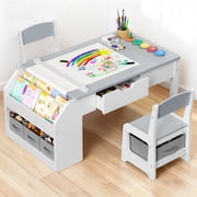 Hijob 5-in-1 Kids Art Table & Chair Set &ndash; Convertible Easel with Paper Roll Holder, Storage Drawers & Foldable Craft Desk, Toddler Activity Learning Center for Playroom, Gray