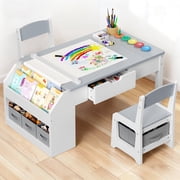 Hijob 5-in-1 Kids Art Table & Chair Set &ndash; Convertible Easel with Paper Roll Holder, Storage Drawers & Foldable Craft Desk, Toddler Activity Learning Center for Playroom, Gray